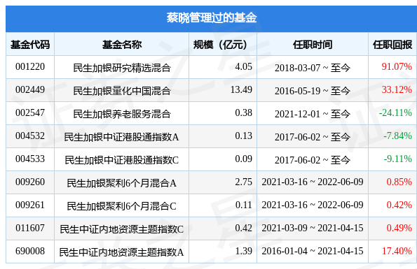 民生加银优选股票基金经理变动：增聘蔡晓为基金经理