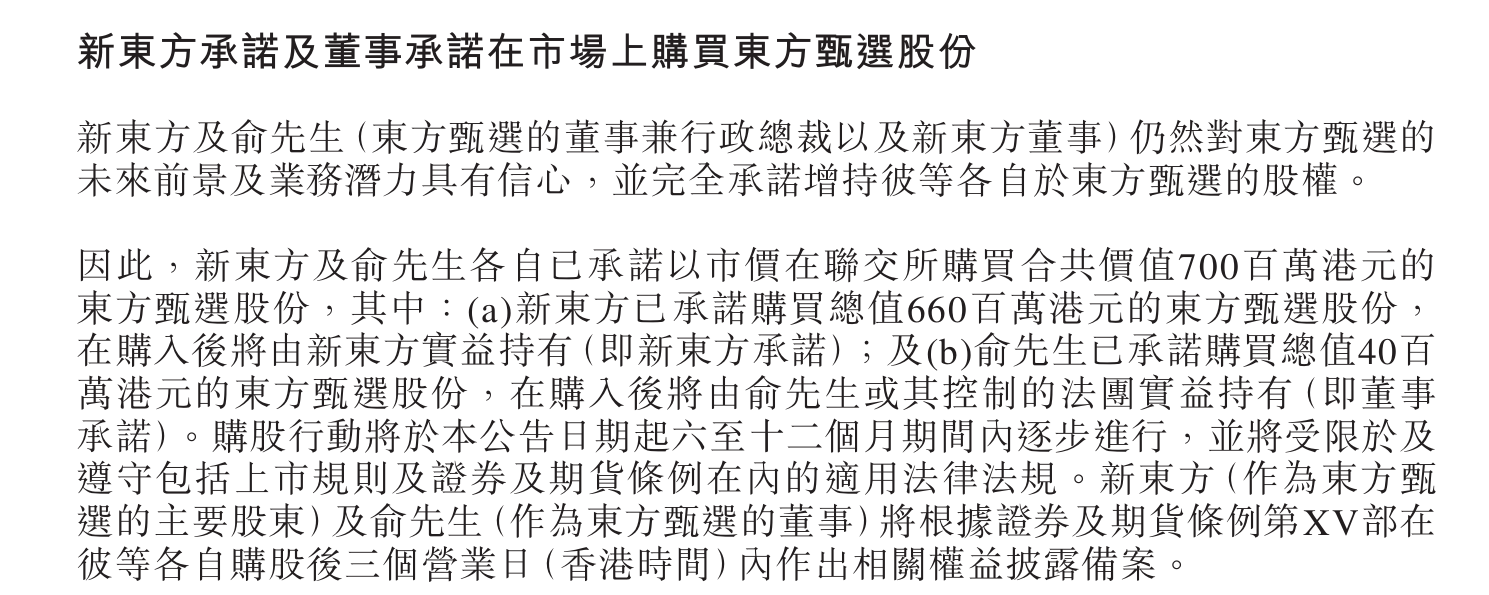“仍对东方甄选有信心”<strong></p>
<p>洪币购买</strong>！新东方及俞敏洪承诺：以市价购买合计7亿港元东方甄选股份！