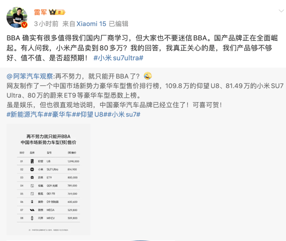 小米汽车卖到80多万<strong></p>
<p>币安的比特币</strong>，网友称再不努力只能开BBA！雷军：不要迷信BBA